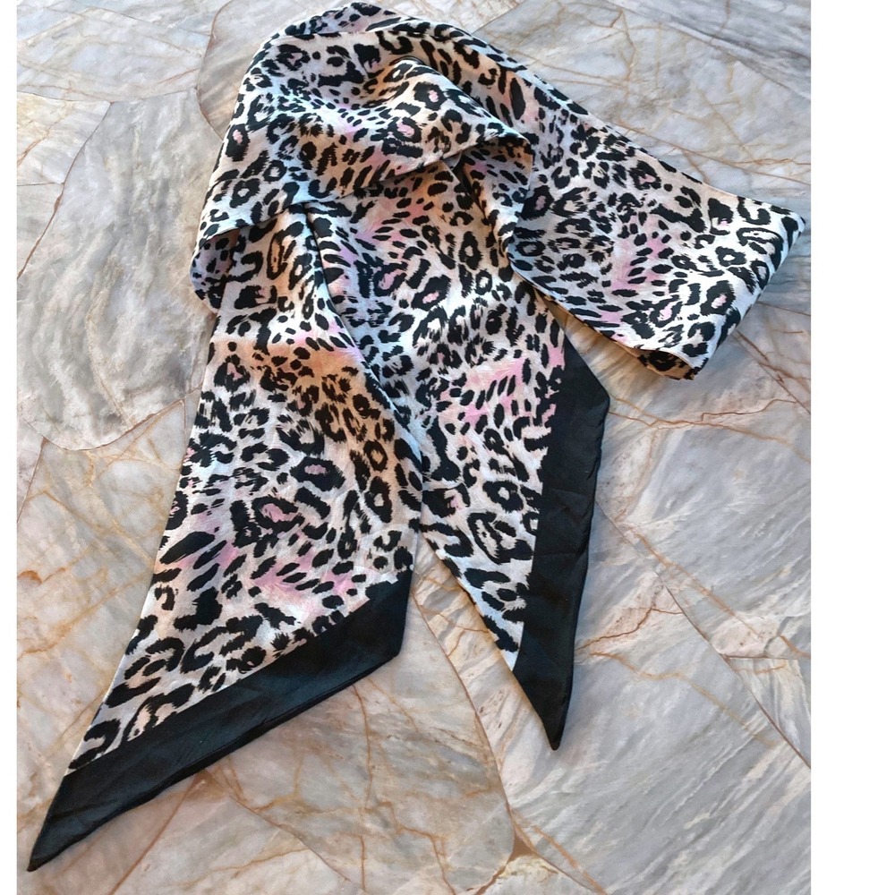 AllSaints Leopard Print Skinny Scarf Pink Black White Animal Pattern 60 Inch